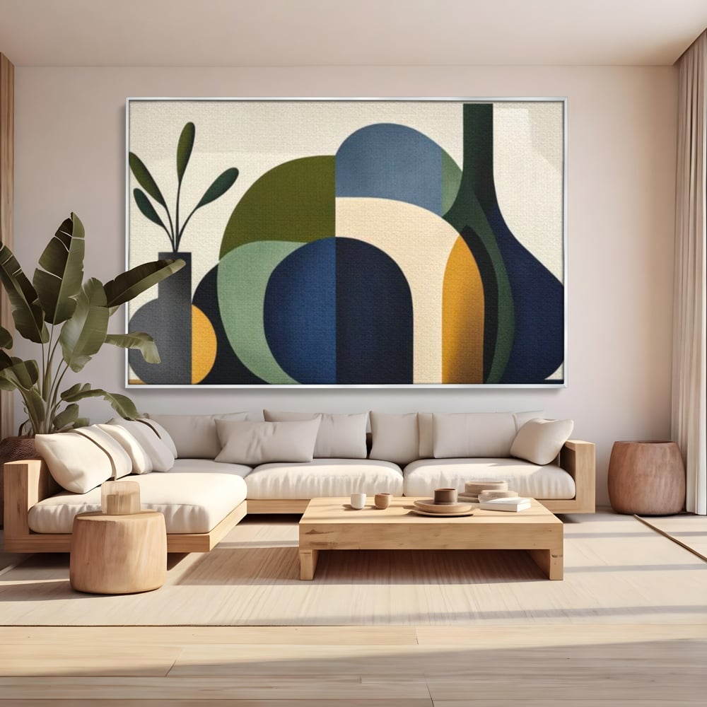 Tablou canvas cu tablou canvas cu forme geometrice si vaze, in rama de aluminiu argintiu, pe perete intr-un living