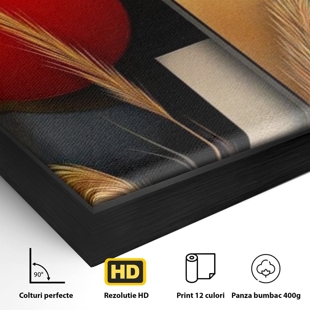Detaliu al suprafetei: tablou canvas cu forme geometrice si spice, in rama de aluminiu negru