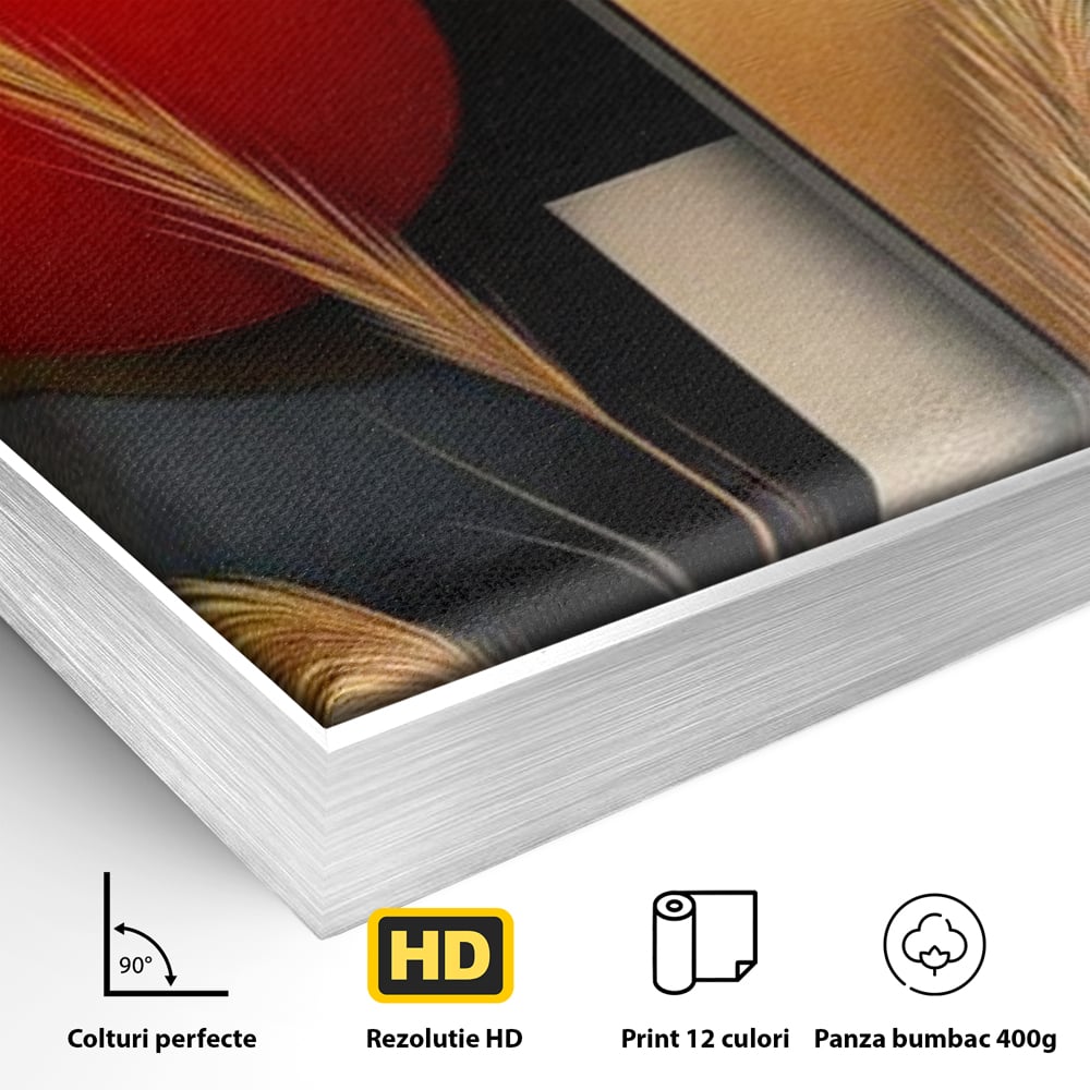 Detaliu al suprafetei: tablou canvas cu forme geometrice si spice, in rama de aluminiu argintiu