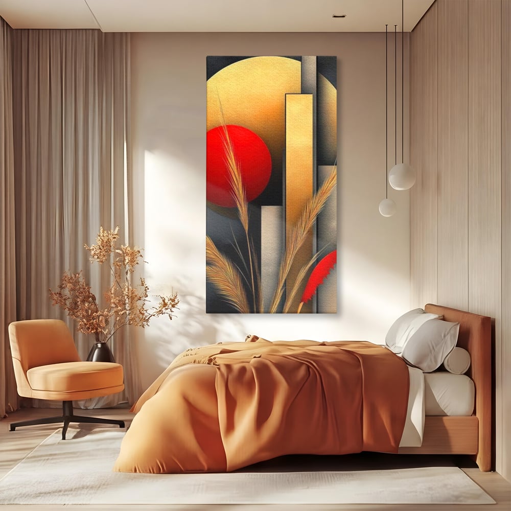 Tablou canvas cu tablou canvas cu forme geometrice si spice, fara rama, pe sasiu de lemn, pe perete intr-un dormitor