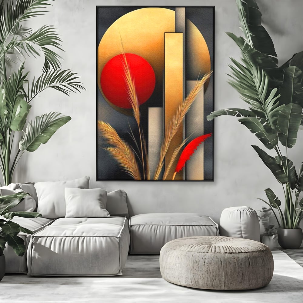 Tablou canvas cu tablou canvas cu forme geometrice si spice, in rama de aluminiu negru, pe perete intr-un living