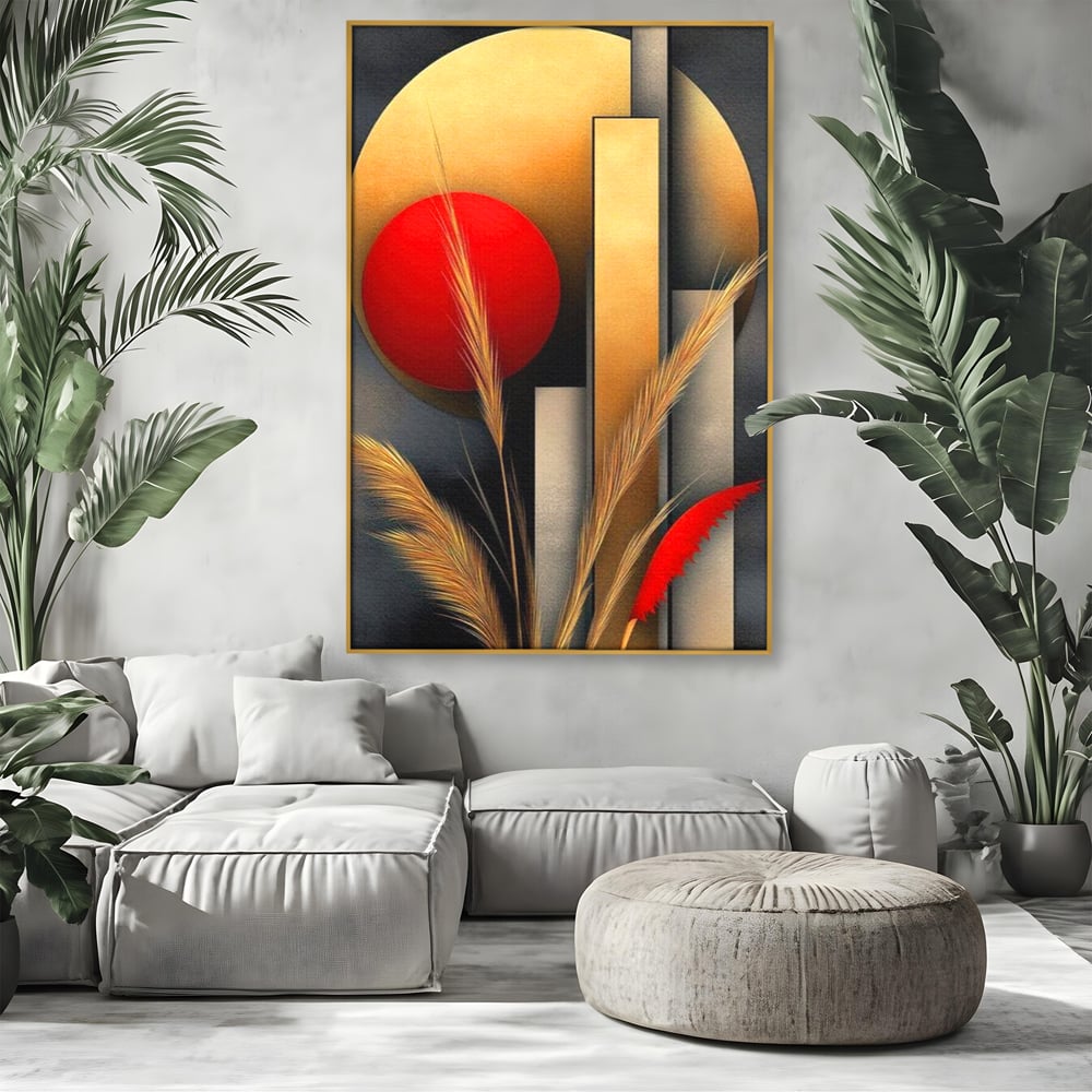 Tablou canvas cu tablou canvas cu forme geometrice si spice, in rama de aluminiu auriu, pe perete intr-un living