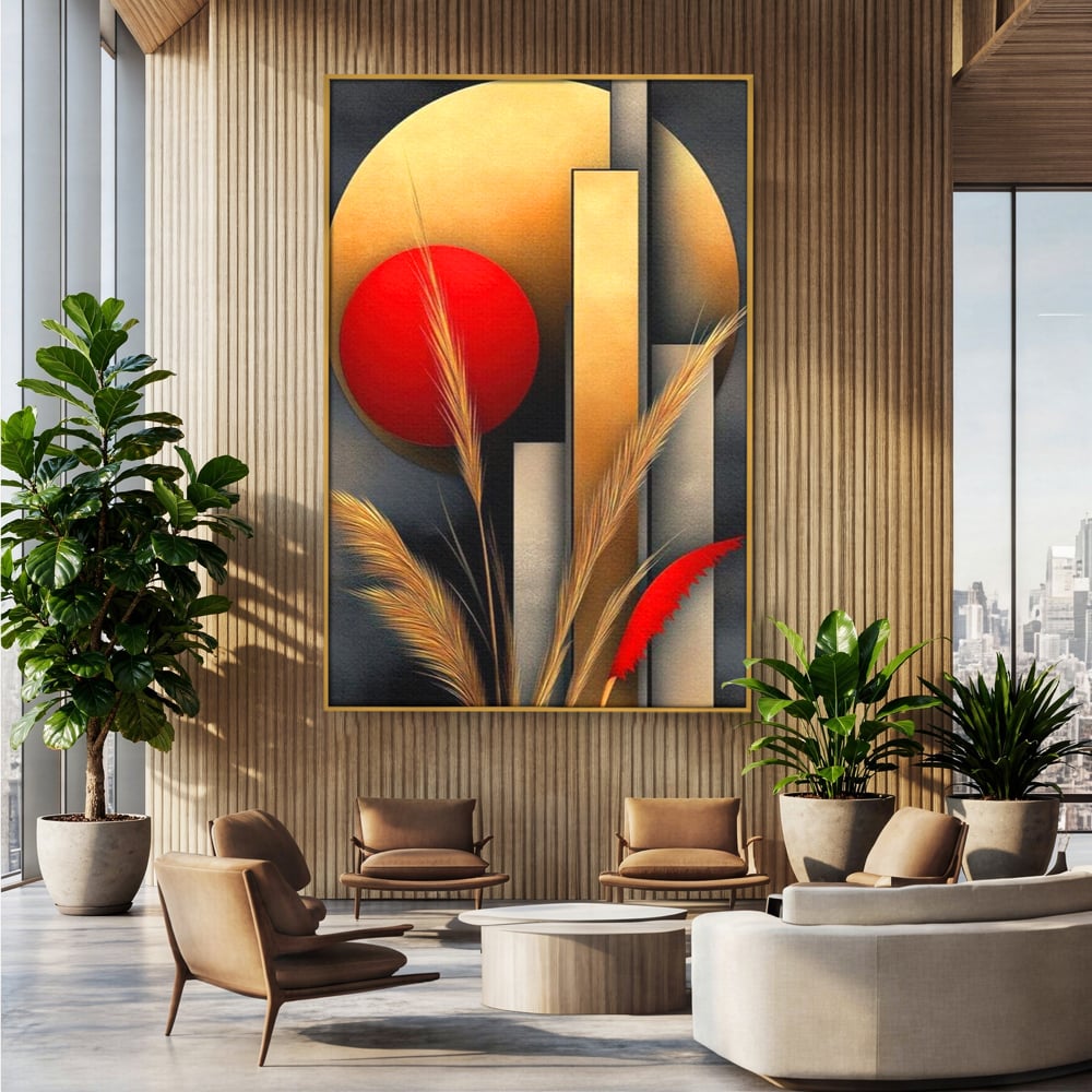 Tablou canvas cu tablou canvas cu forme geometrice si spice, in rama de aluminiu auriu, pe perete intr-un birou