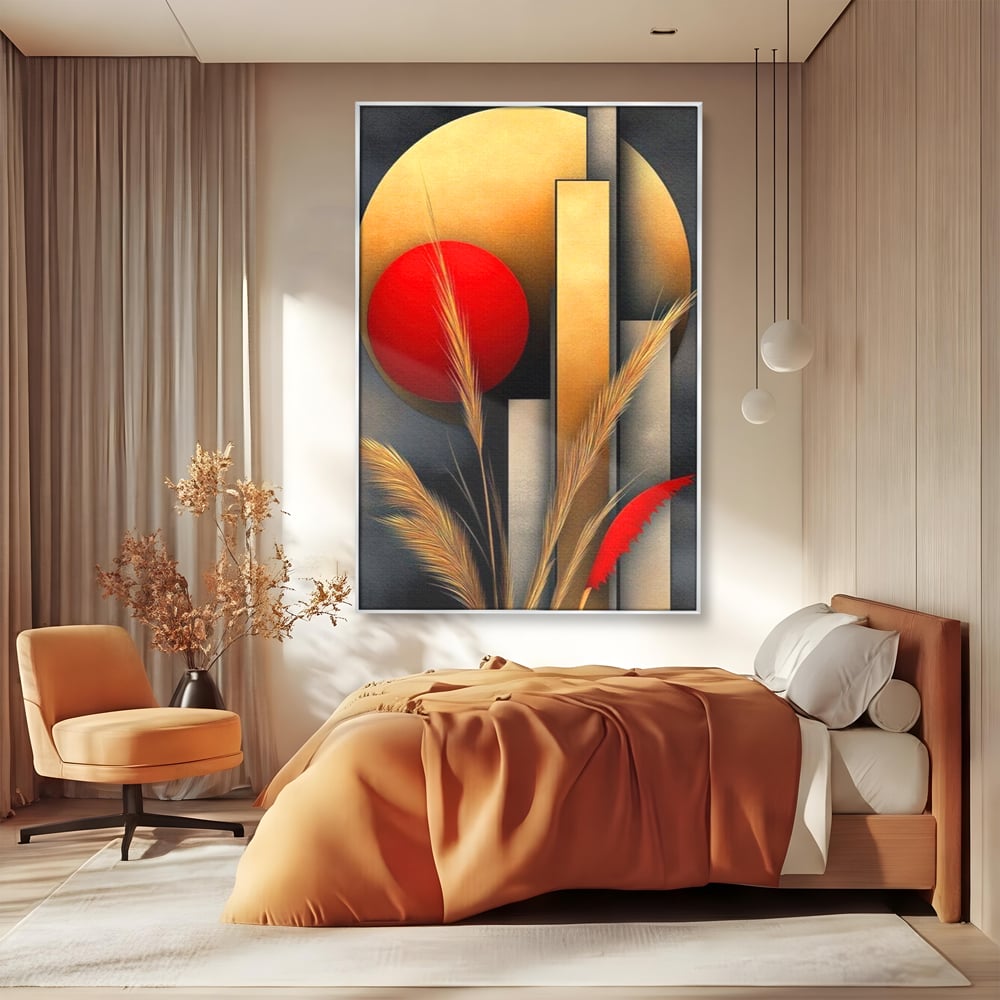 Tablou canvas cu tablou canvas cu forme geometrice si spice, in rama de aluminiu argintiu, pe perete intr-un dormitor