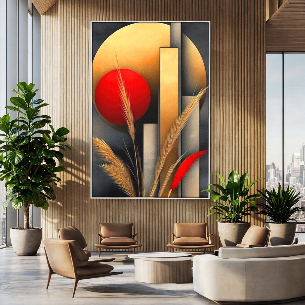 Tablou canvas cu tablou canvas cu forme geometrice si spice, in rama de aluminiu argintiu, pe perete intr-un birou