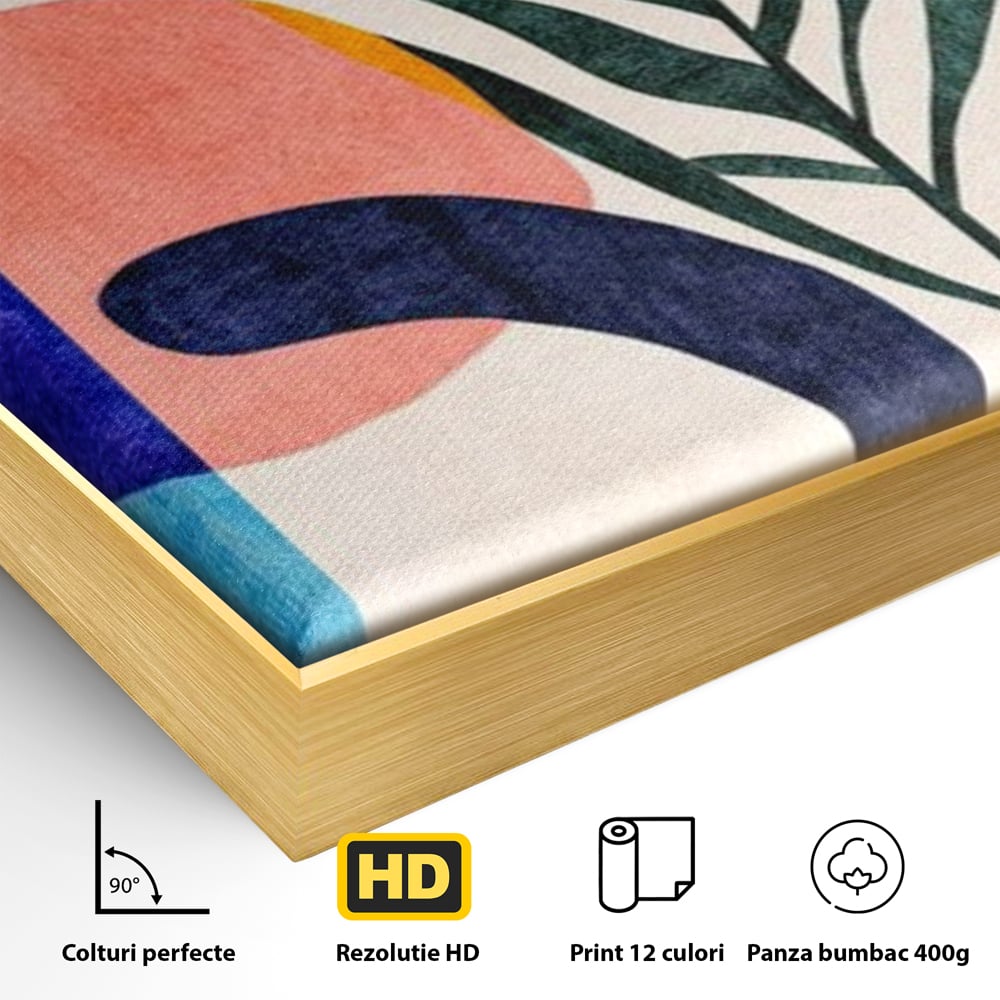 Detaliu al suprafetei: ilustratie abstracta cu frunze de palmier, in rama de aluminiu auriu
