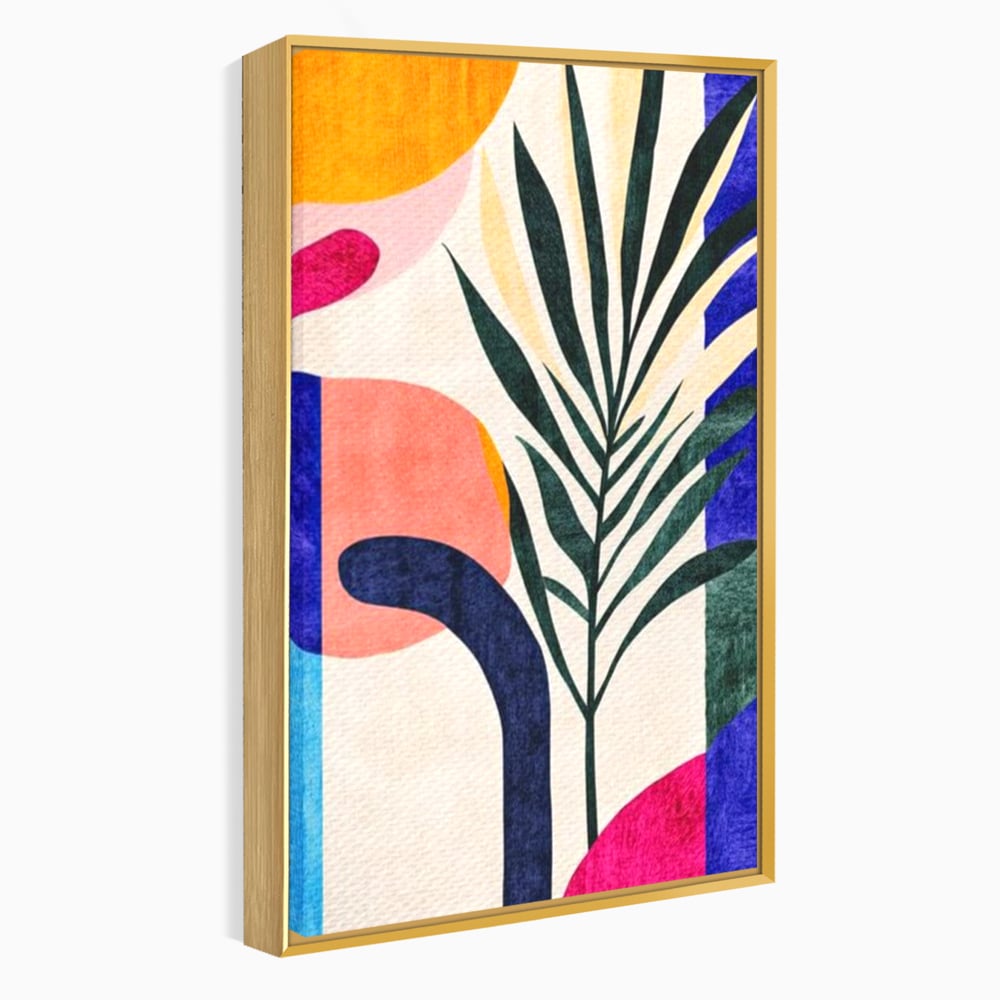 Tablou canvas cu ilustratie abstracta cu frunze de palmier, in rama de aluminiu auriu