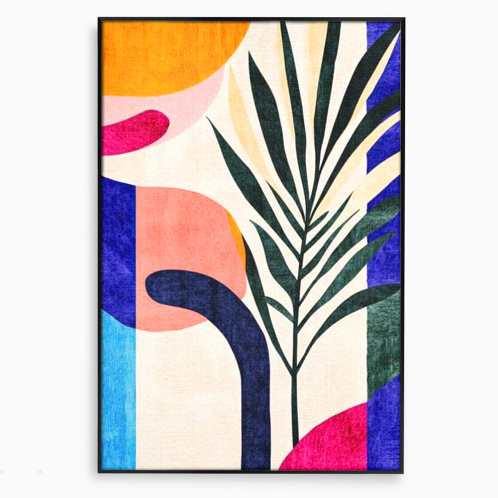 Tablou canvas cu ilustratie abstracta cu frunze de palmier, in rama de aluminiu negru
