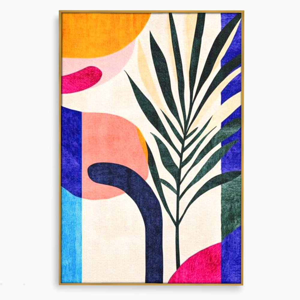 Tablou canvas cu ilustratie abstracta cu frunze de palmier, in rama de aluminiu auriu