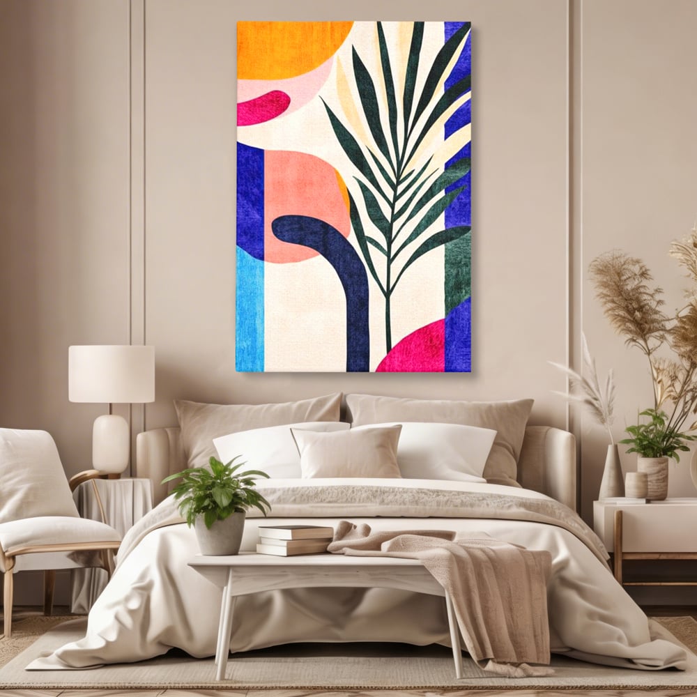 Tablou canvas cu ilustratie abstracta cu frunze de palmier, fara rama, pe sasiu de lemn, pe perete intr-un dormitor