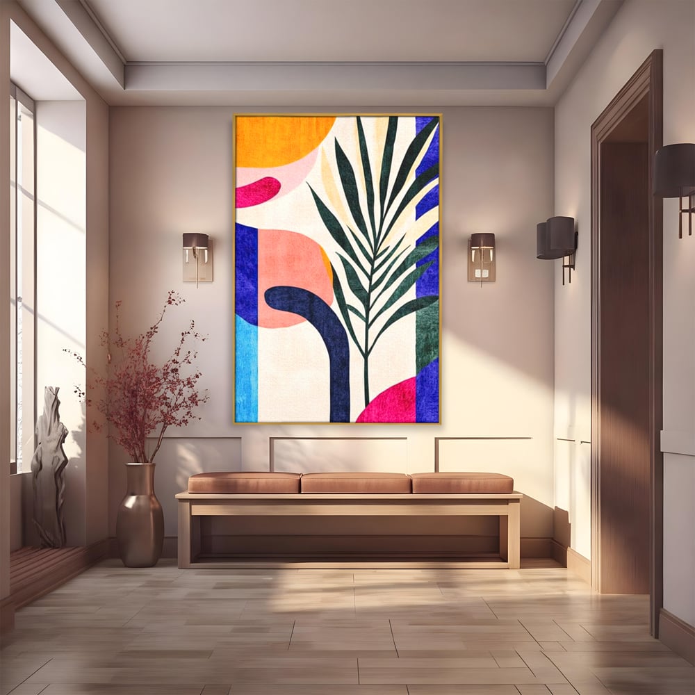 Tablou canvas cu ilustratie abstracta cu frunze de palmier, in rama de aluminiu auriu