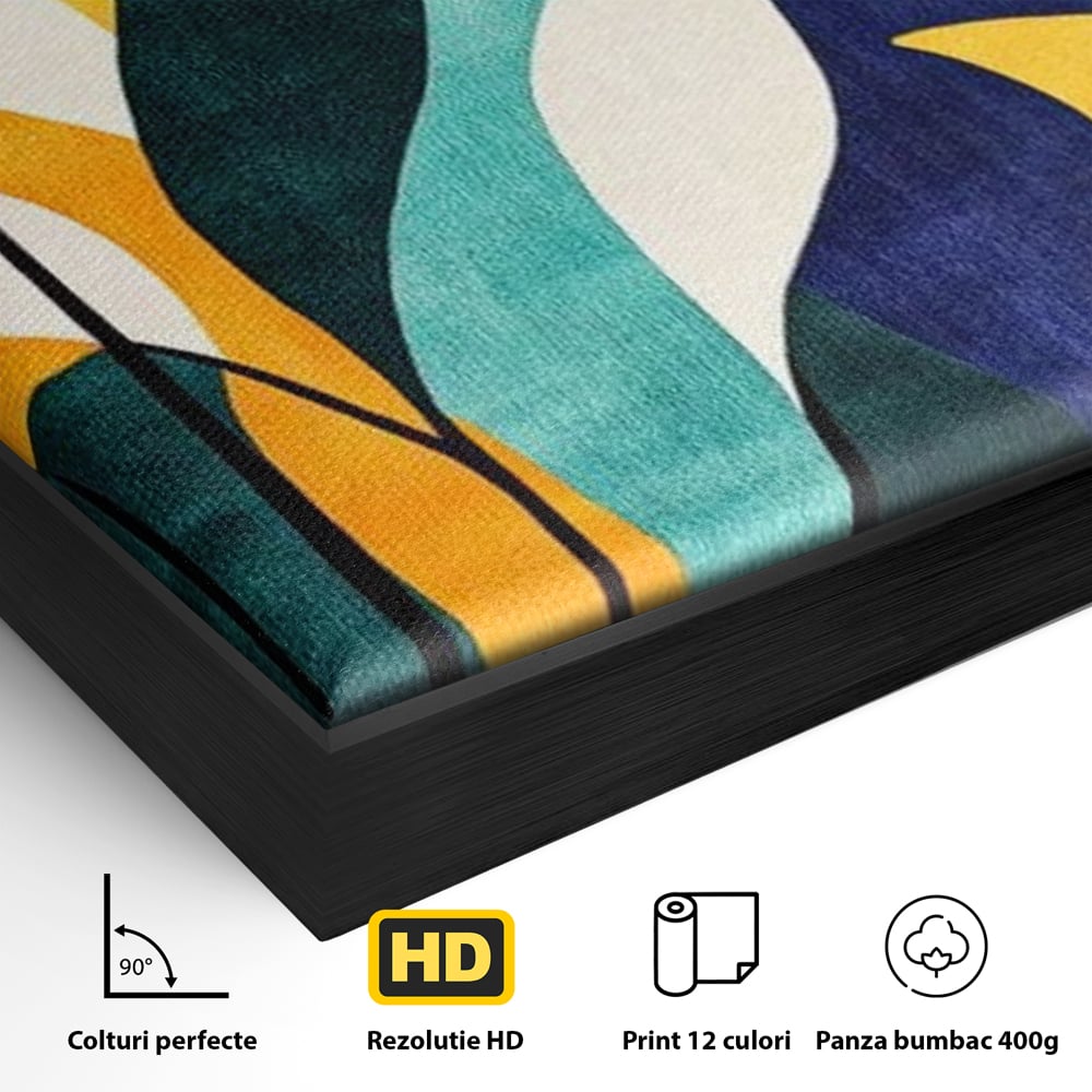 Detaliu al suprafetei: tablou canvas cu frunze stilizate si luna, in rama de aluminiu negru