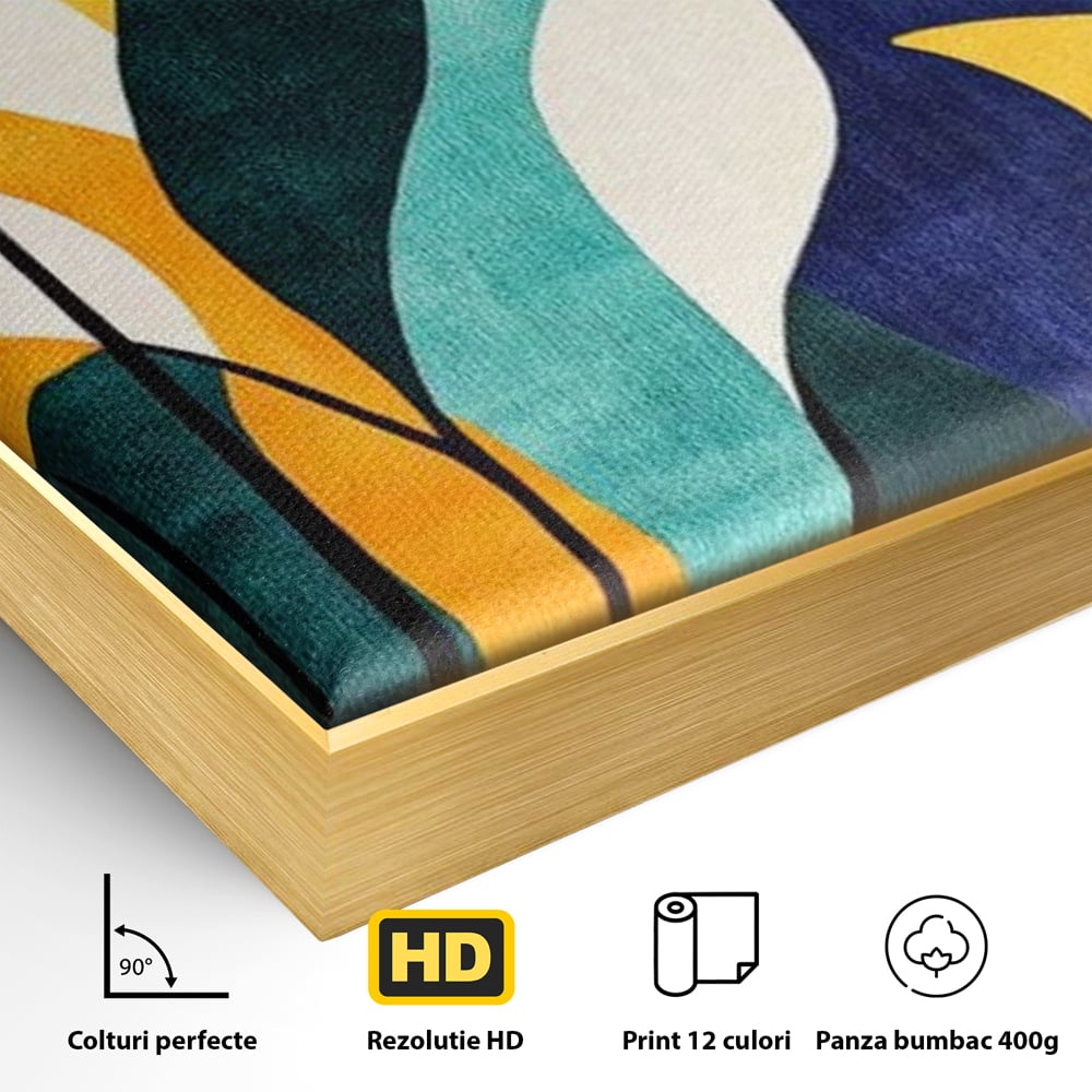 Detaliu al suprafetei: tablou canvas cu frunze stilizate si luna, in rama de aluminiu auriu