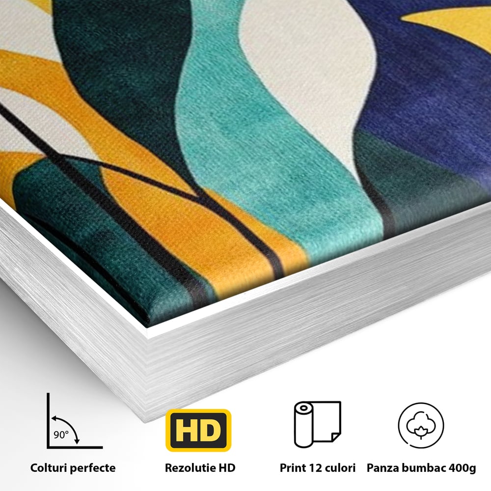 Detaliu al suprafetei: tablou canvas cu frunze stilizate si luna, in rama de aluminiu argintiu