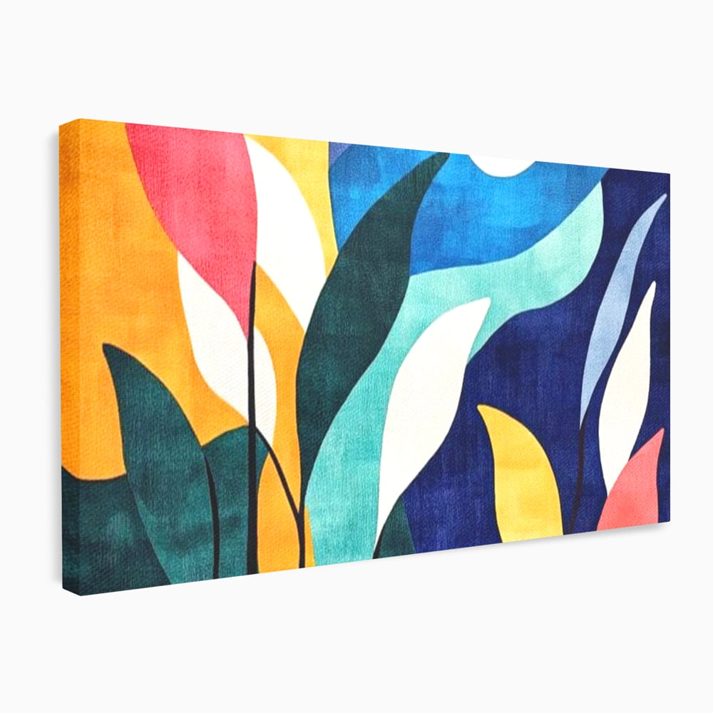 Tablou canvas cu tablou canvas cu frunze stilizate si luna, fara rama, pe sasiu de lemn