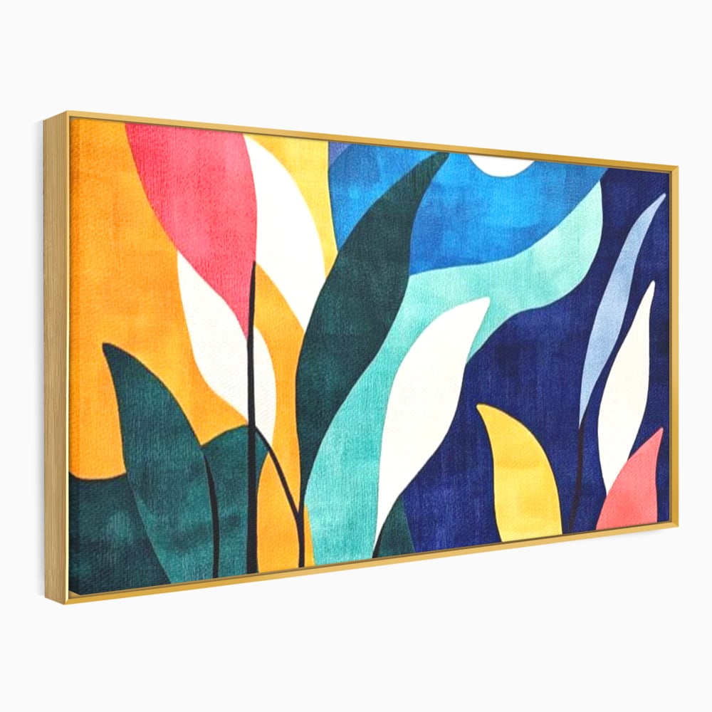 Tablou canvas cu tablou canvas cu frunze stilizate si luna, in rama de aluminiu auriu