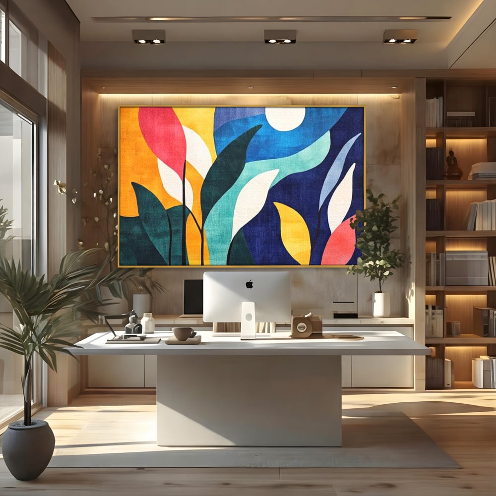 Tablou canvas cu tablou canvas cu frunze stilizate si luna, in rama de aluminiu auriu, pe perete intr-un birou
