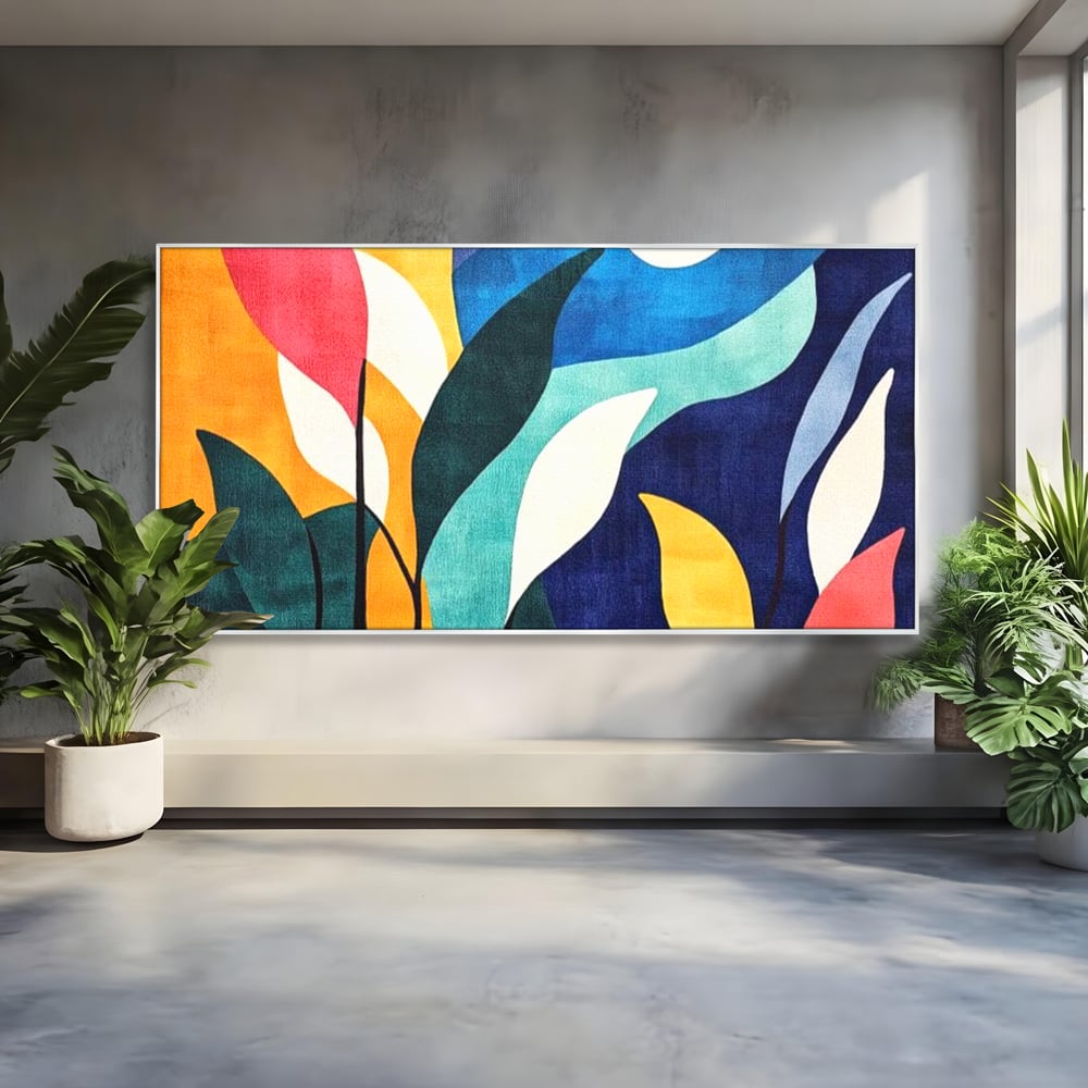 Tablou canvas cu tablou canvas cu frunze stilizate si luna, in rama de aluminiu argintiu