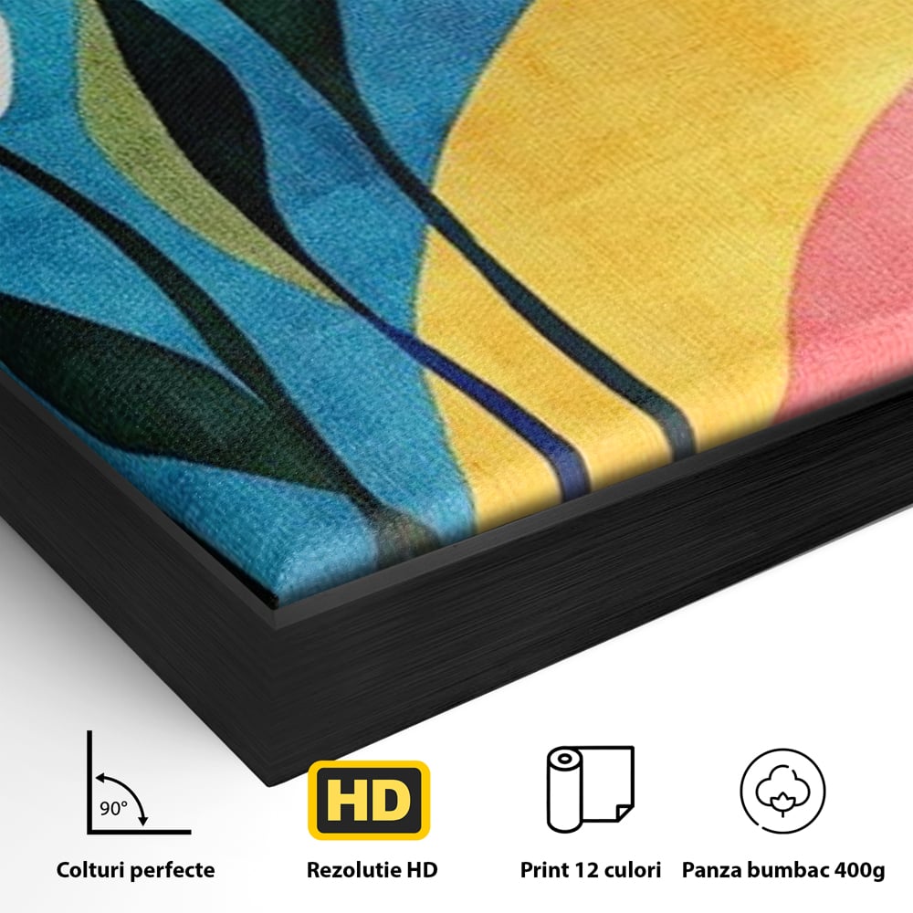 Detaliu al suprafetei: tablou canvas cu flori abstracte, in rama de aluminiu negru