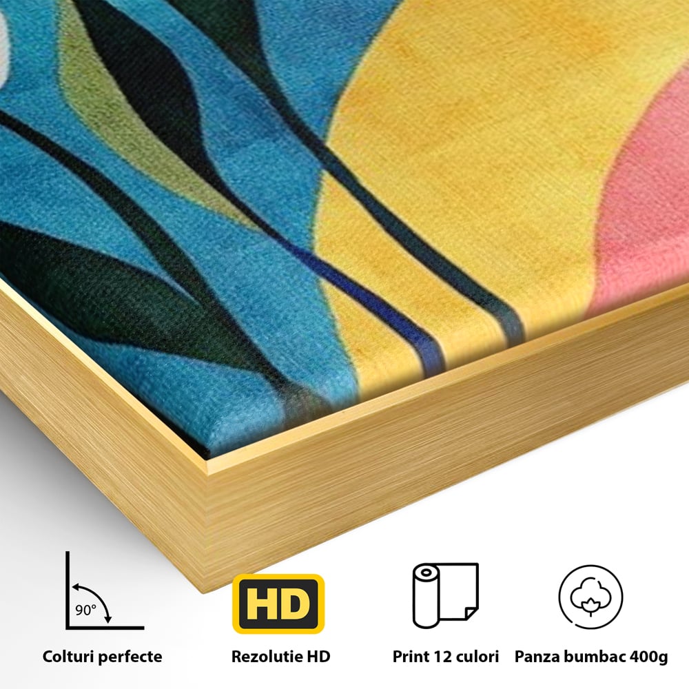 Detaliu al suprafetei: tablou canvas cu flori abstracte, in rama de aluminiu auriu