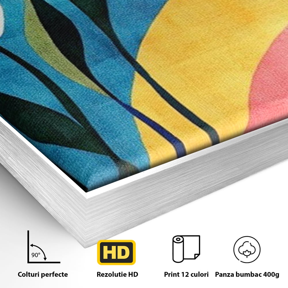 Detaliu al suprafetei: tablou canvas cu flori abstracte, in rama de aluminiu argintiu
