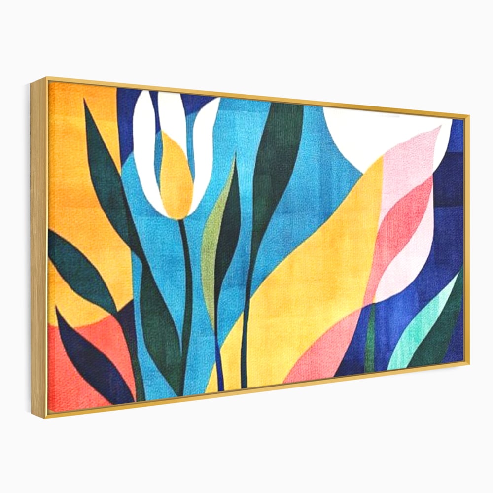 Tablou canvas cu tablou canvas cu flori abstracte, in rama de aluminiu auriu