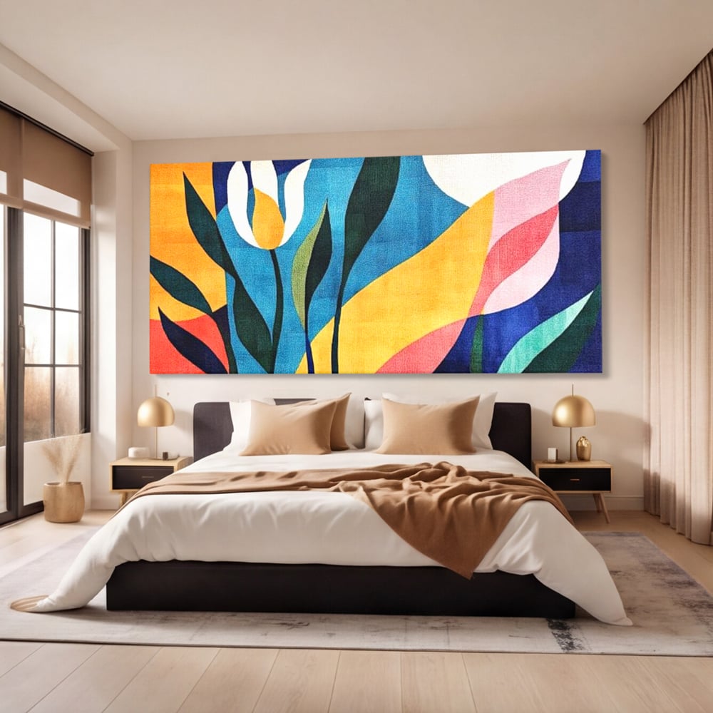 Tablou canvas cu tablou canvas cu flori abstracte, fara rama, pe sasiu de lemn, pe perete intr-un dormitor