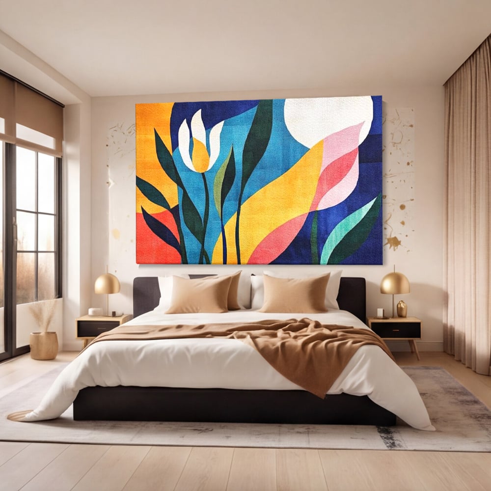 Tablou canvas cu tablou canvas cu flori abstracte, fara rama, pe sasiu de lemn, pe perete intr-un dormitor