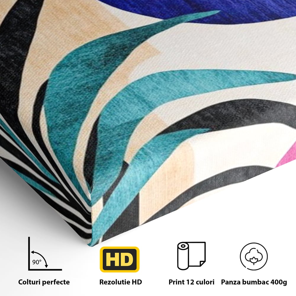 Detaliu al suprafetei: tablou canvas cu frunza abstracta si forme geometrice, fara rama, pe sasiu de lemn