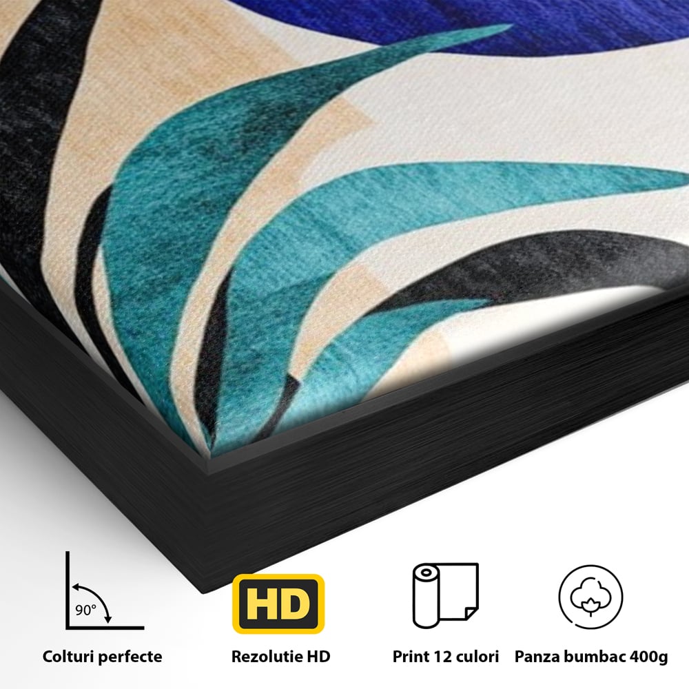 Detaliu al suprafetei: tablou canvas cu frunza abstracta si forme geometrice, in rama de aluminiu negru