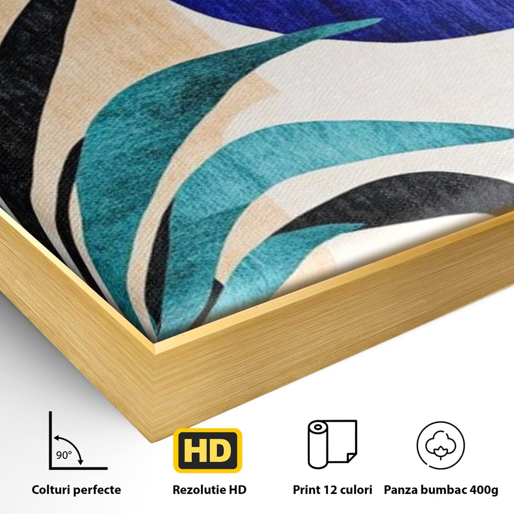 Detaliu al suprafetei: tablou canvas cu frunza abstracta si forme geometrice, in rama de aluminiu auriu