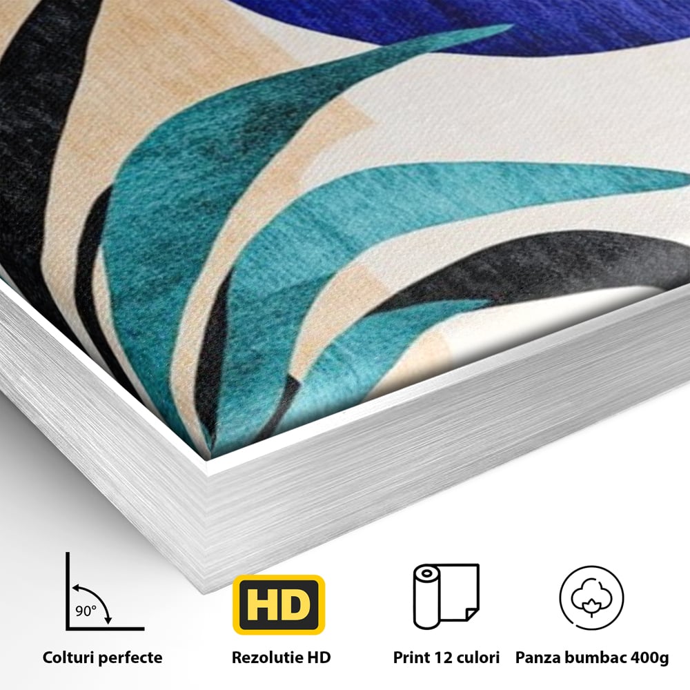 Detaliu al suprafetei: tablou canvas cu frunza abstracta si forme geometrice, in rama de aluminiu argintiu