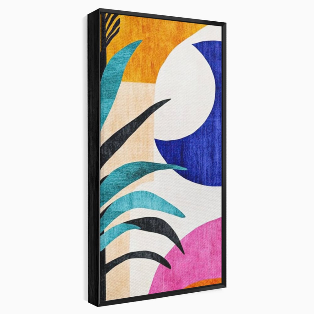 Tablou canvas cu tablou canvas cu frunza abstracta si forme geometrice, in rama de aluminiu negru