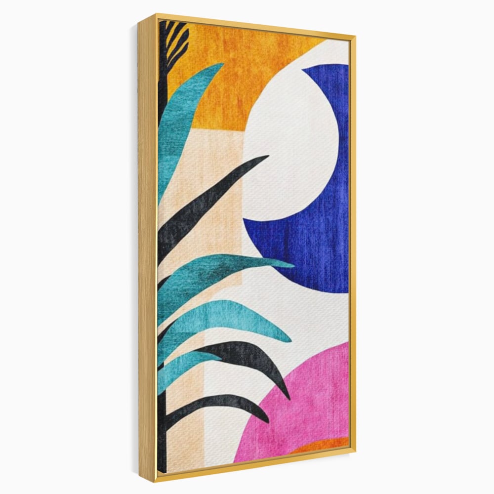 Tablou canvas cu tablou canvas cu frunza abstracta si forme geometrice, in rama de aluminiu auriu