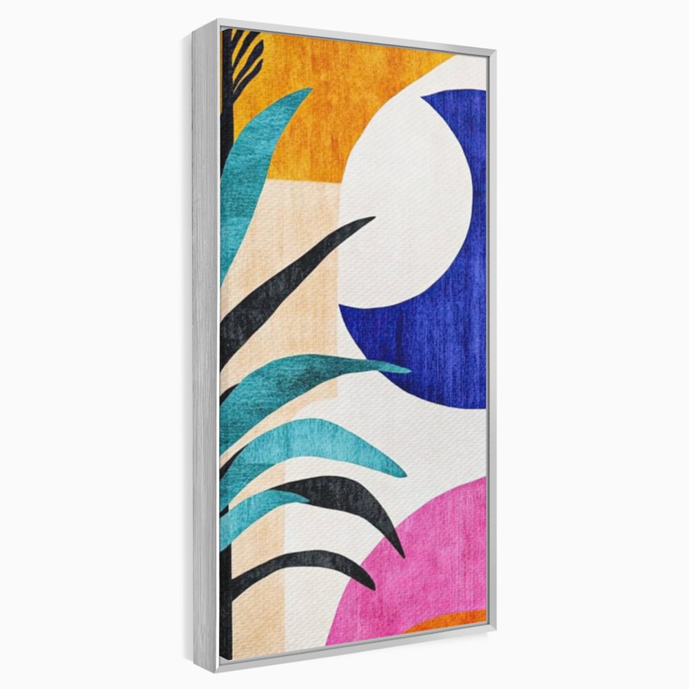 Tablou canvas cu tablou canvas cu frunza abstracta si forme geometrice, in rama de aluminiu argintiu