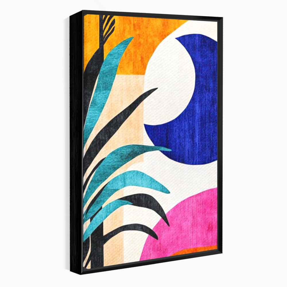 Tablou canvas cu tablou canvas cu frunza abstracta si forme geometrice, in rama de aluminiu negru