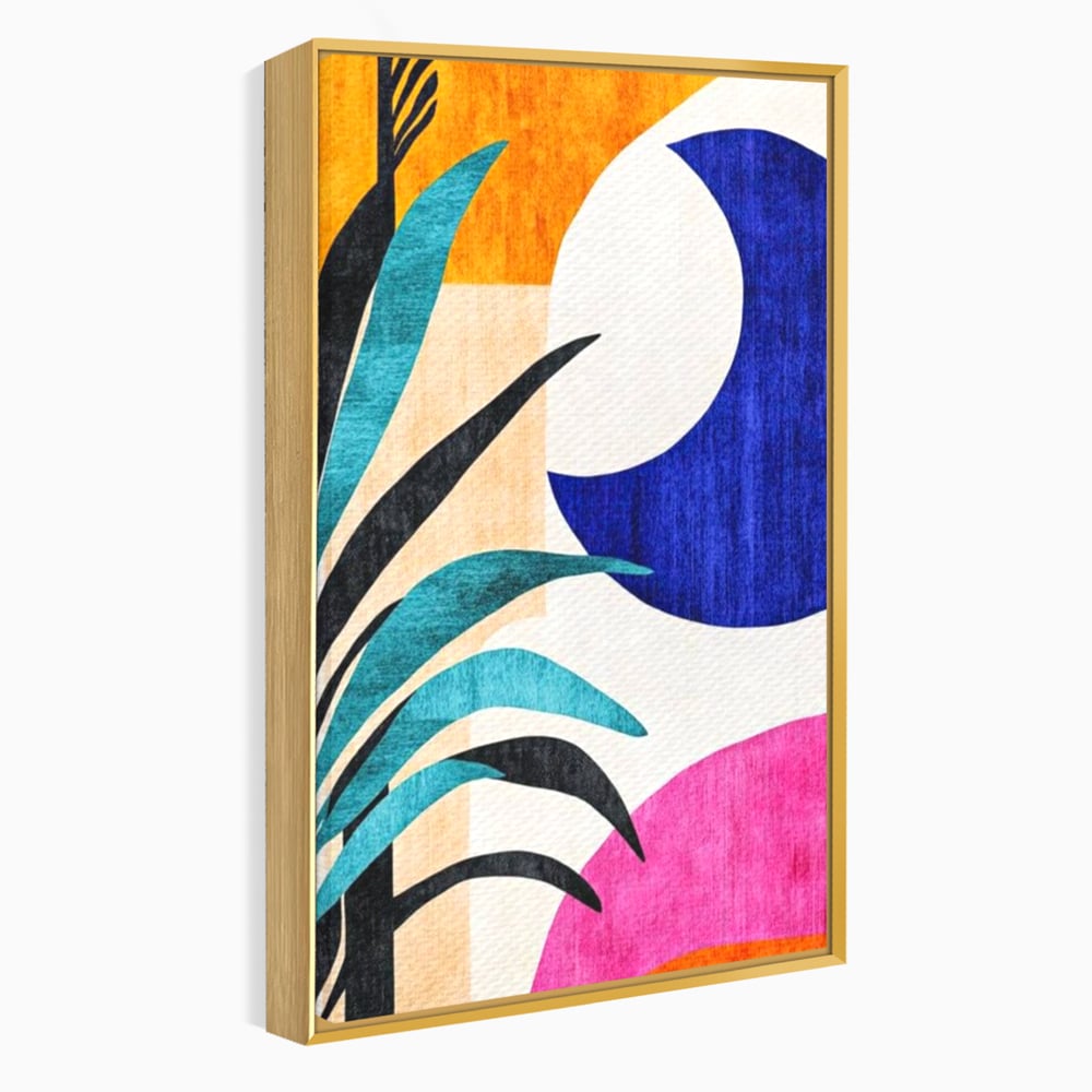 Tablou canvas cu tablou canvas cu frunza abstracta si forme geometrice, in rama de aluminiu auriu