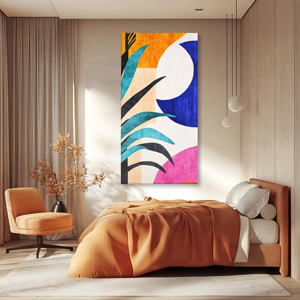 Tablou canvas cu tablou canvas cu frunza abstracta si forme geometrice, fara rama, pe sasiu de lemn, pe perete intr-un dormitor