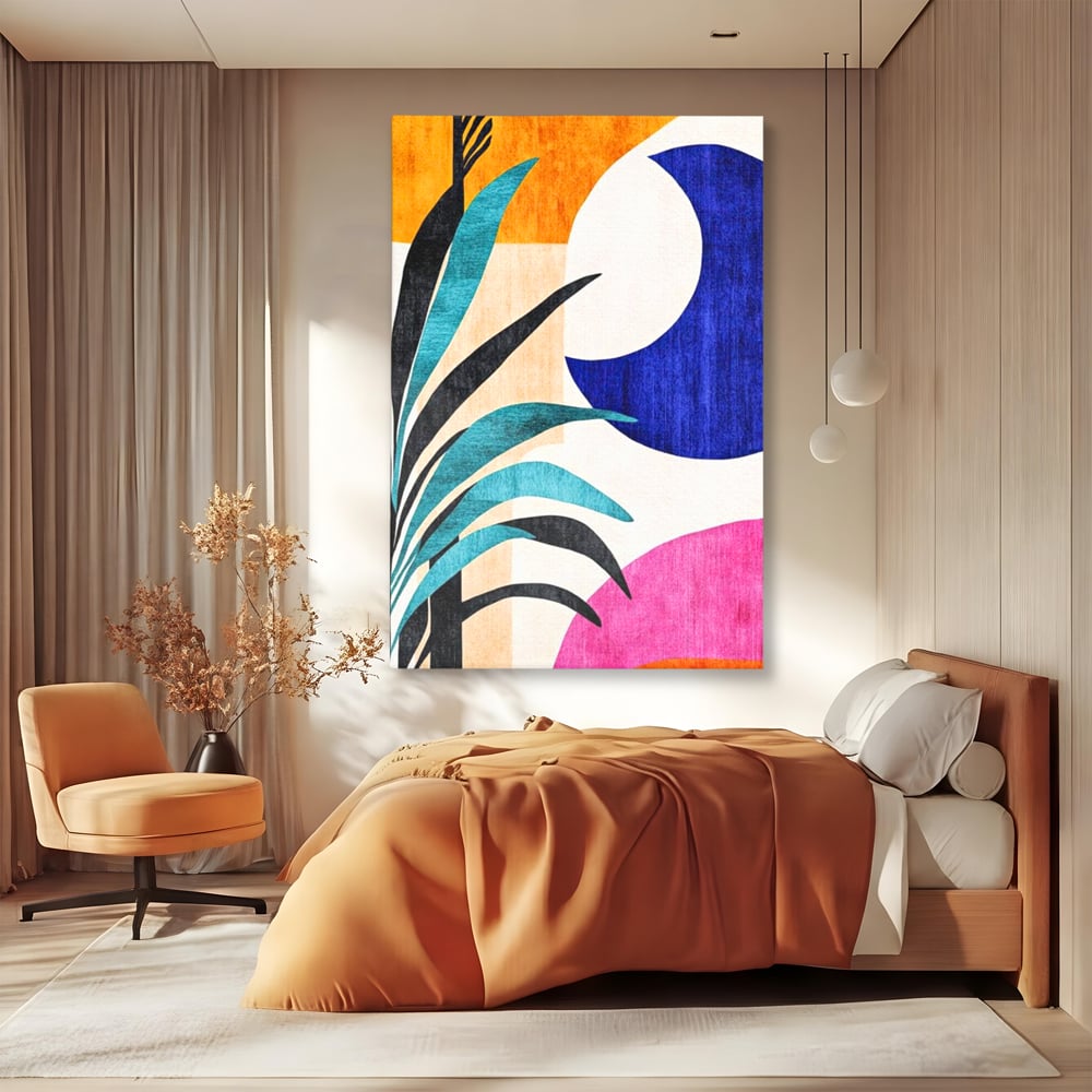Tablou canvas cu tablou canvas cu frunza abstracta si forme geometrice, fara rama, pe sasiu de lemn, pe perete intr-un dormitor