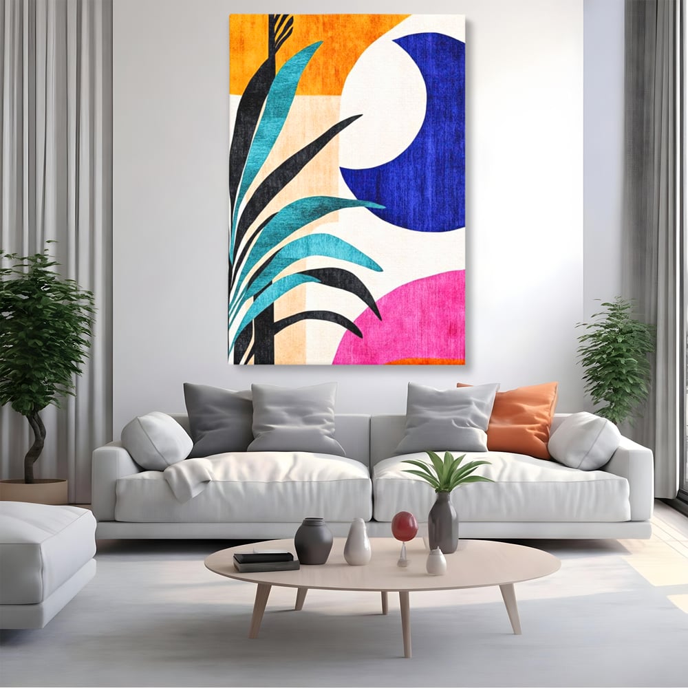 Tablou canvas cu tablou canvas cu frunza abstracta si forme geometrice, fara rama, pe sasiu de lemn, pe perete intr-un living