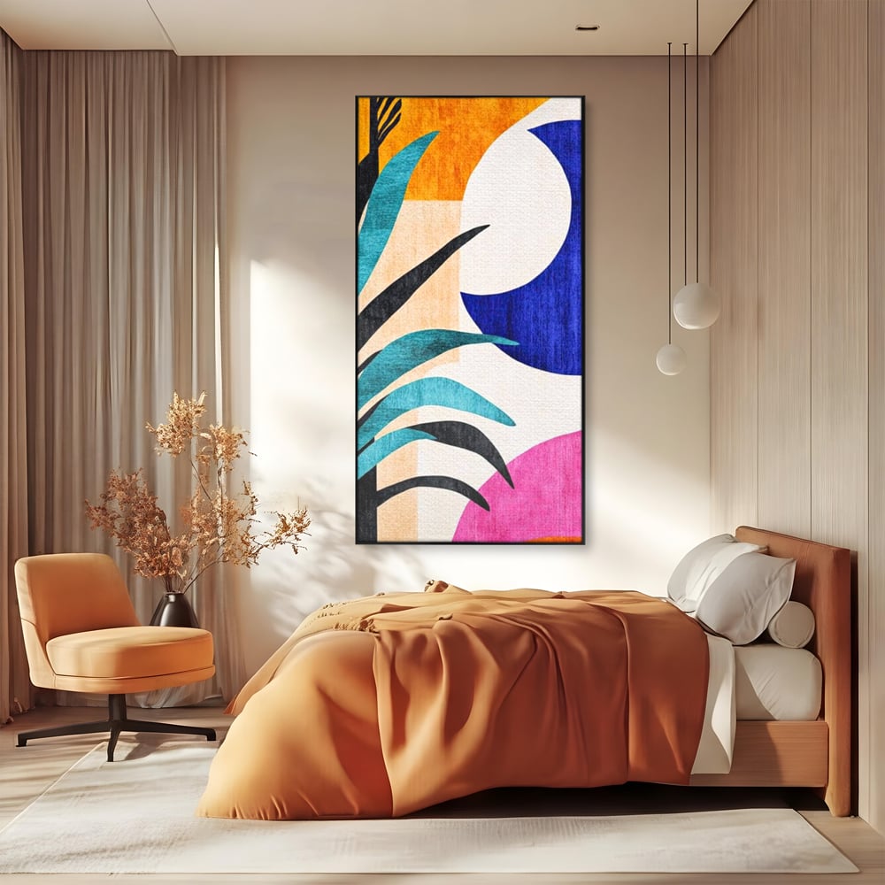 Tablou canvas cu tablou canvas cu frunza abstracta si forme geometrice, in rama de aluminiu negru, pe perete intr-un dormitor