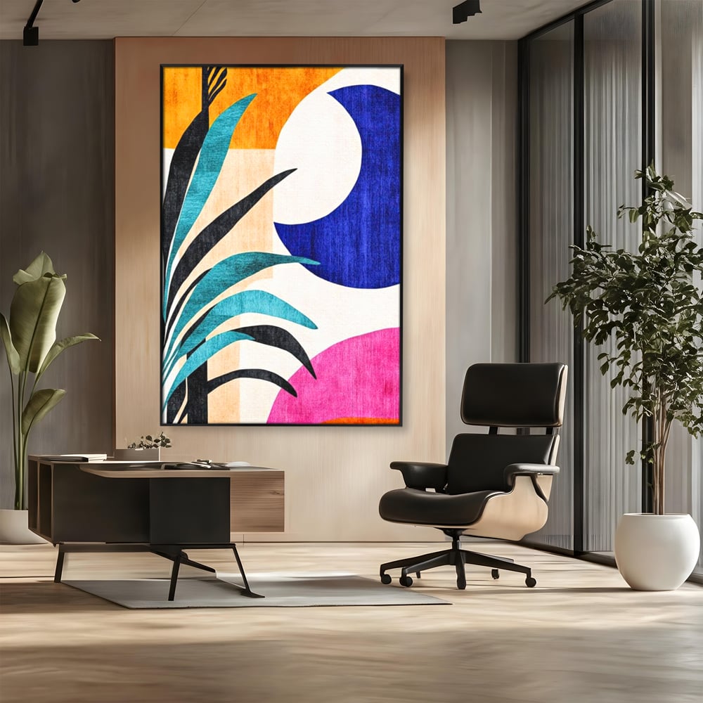 Tablou canvas cu tablou canvas cu frunza abstracta si forme geometrice, in rama de aluminiu negru, pe perete intr-un birou