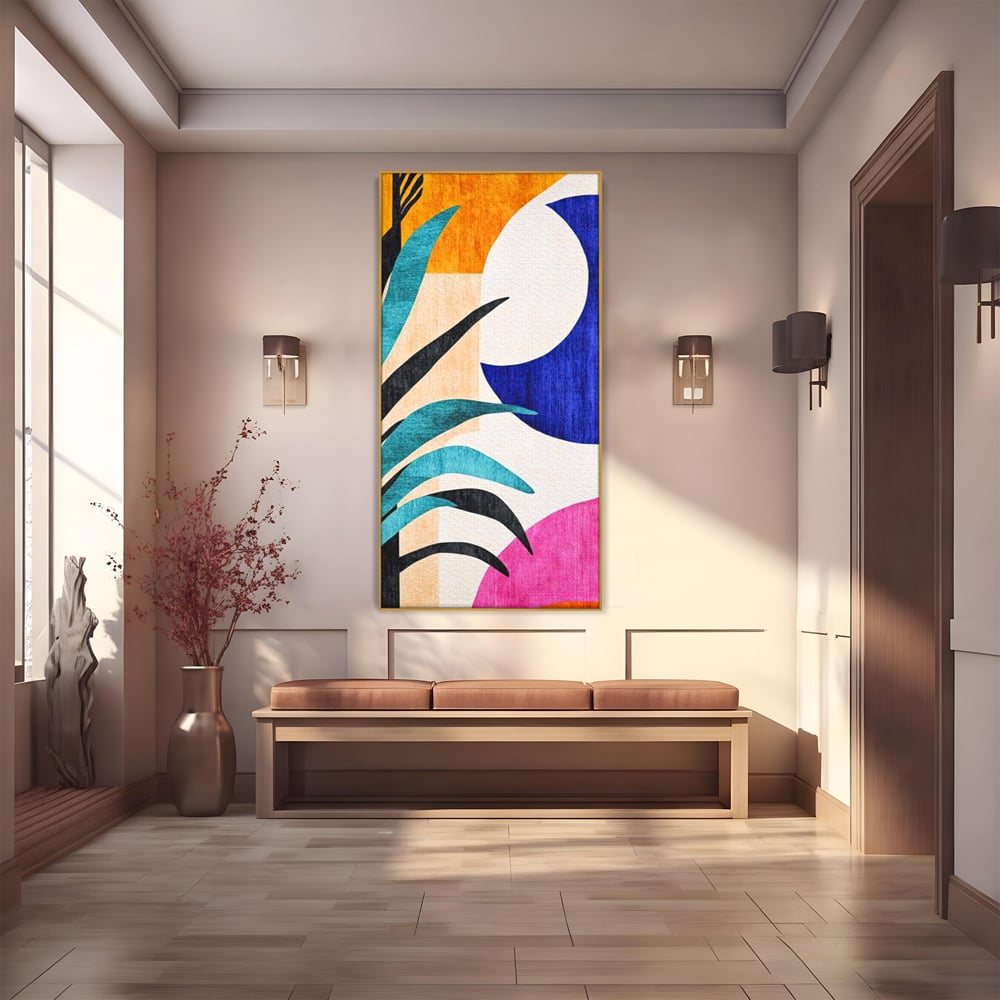 Tablou canvas cu tablou canvas cu frunza abstracta si forme geometrice, in rama de aluminiu auriu