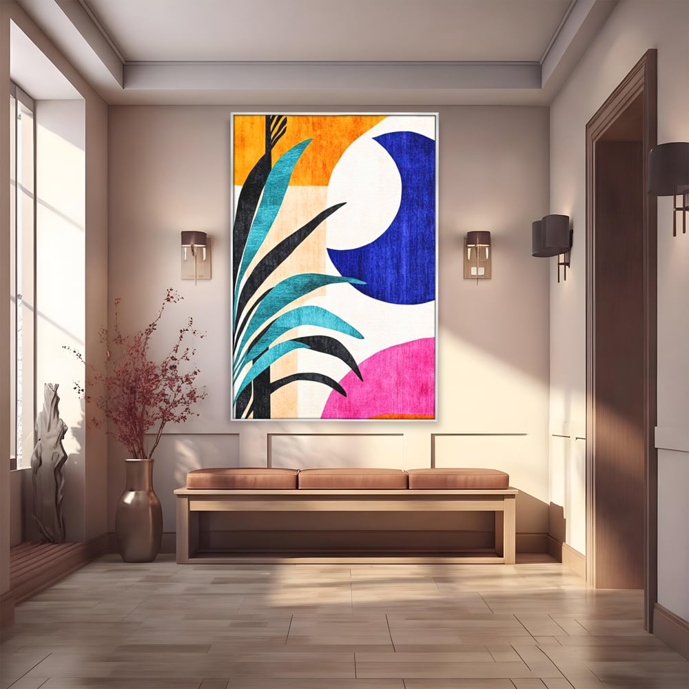 Tablou canvas cu tablou canvas cu frunza abstracta si forme geometrice, in rama de aluminiu argintiu