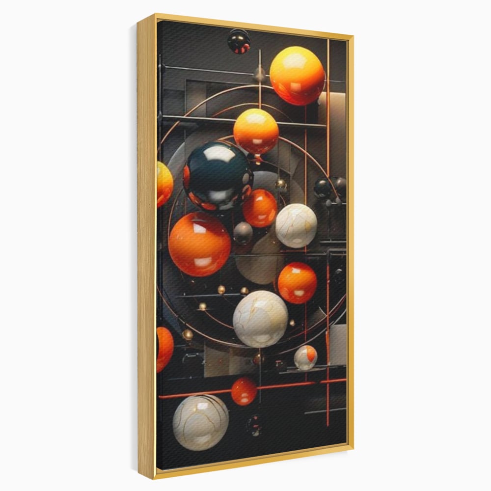 Tablou canvas cu ilustratie abstracta cu planete si orbite, in rama de aluminiu auriu