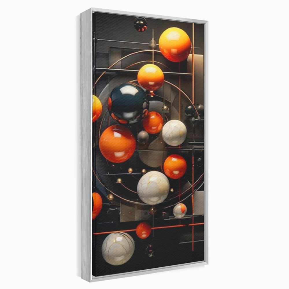 Tablou canvas cu ilustratie abstracta cu planete si orbite, in rama de aluminiu argintiu