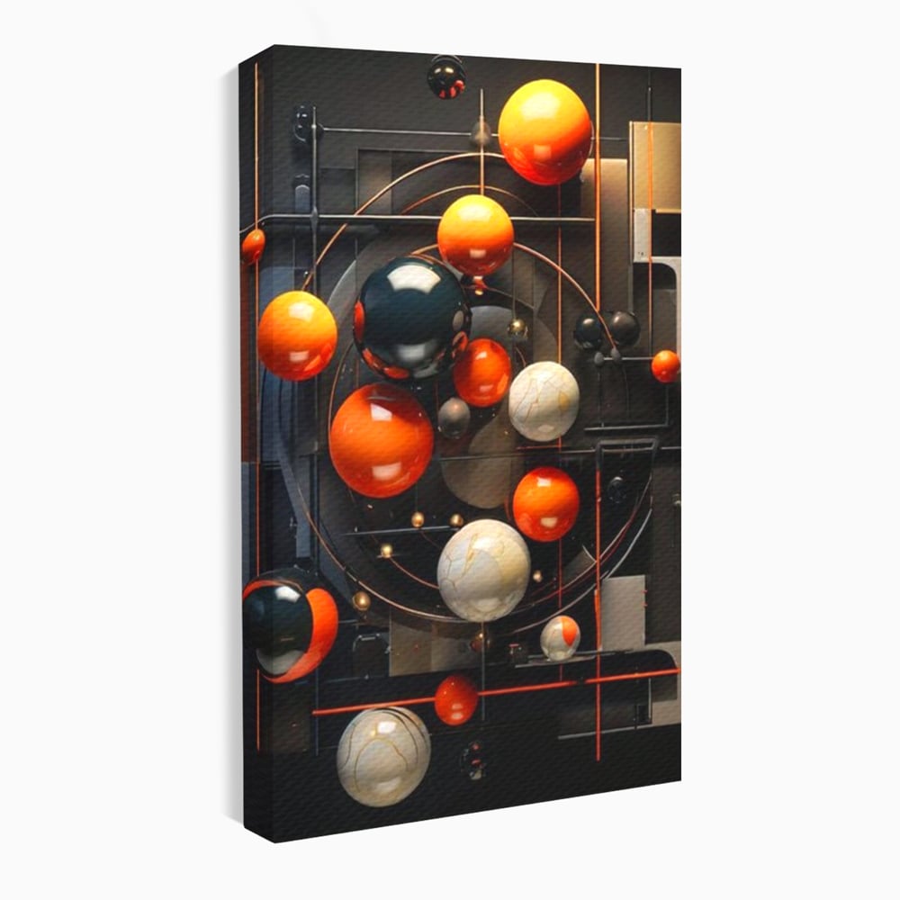 Tablou canvas cu ilustratie abstracta cu planete si orbite, fara rama, pe sasiu de lemn