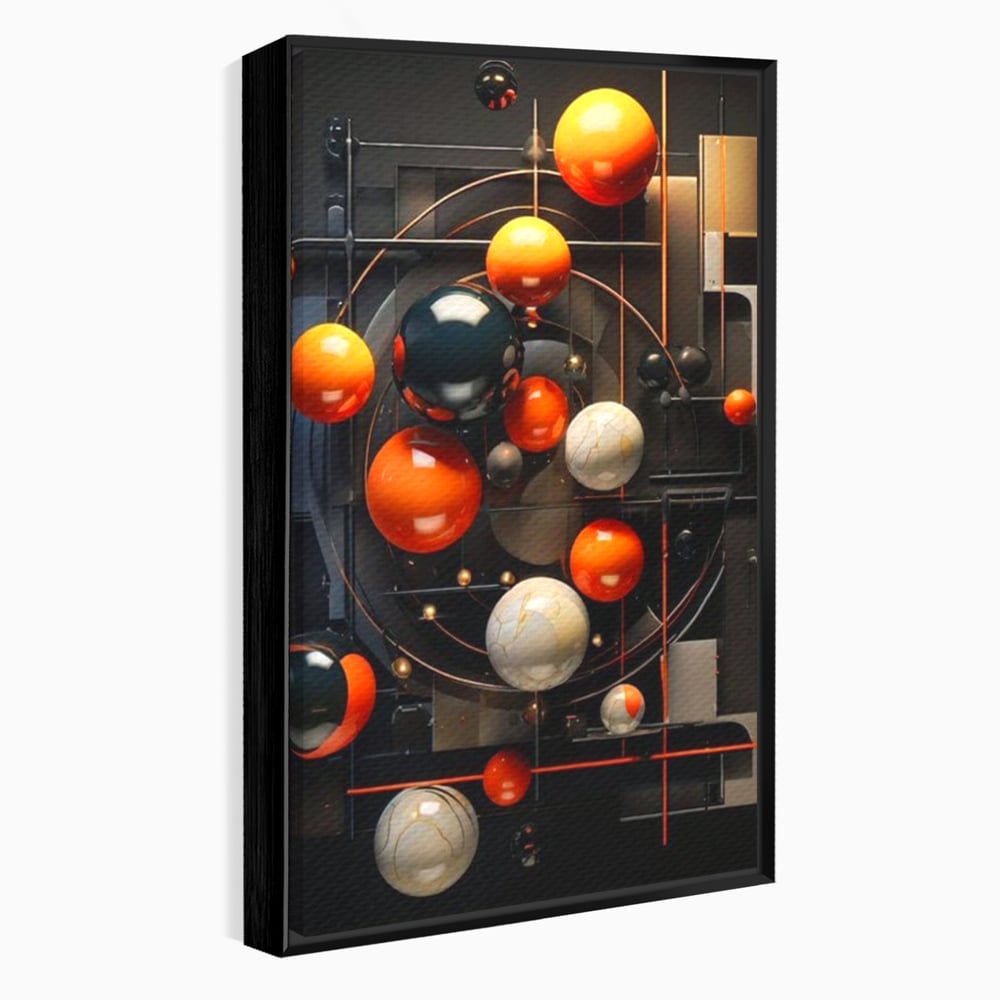 Tablou canvas cu ilustratie abstracta cu planete si orbite, in rama de aluminiu negru