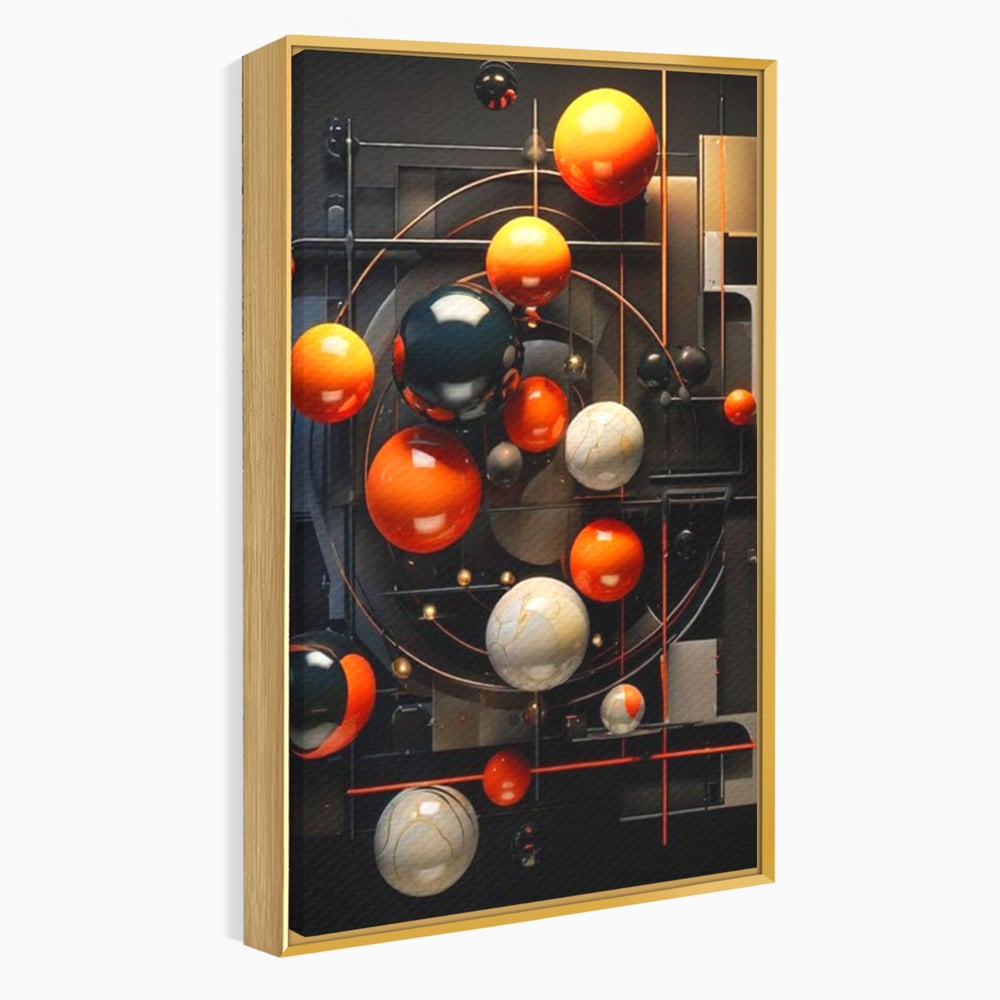 Tablou canvas cu ilustratie abstracta cu planete si orbite, in rama de aluminiu auriu