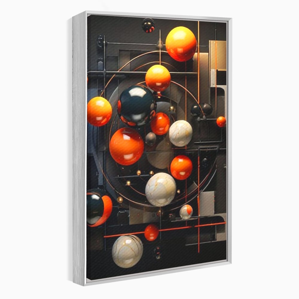 Tablou canvas cu ilustratie abstracta cu planete si orbite, in rama de aluminiu argintiu